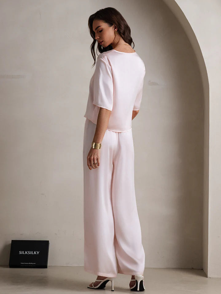 Pure Silk Kadın Yarım Kollu Bisiklet Yaka Pijama Takımı - 5