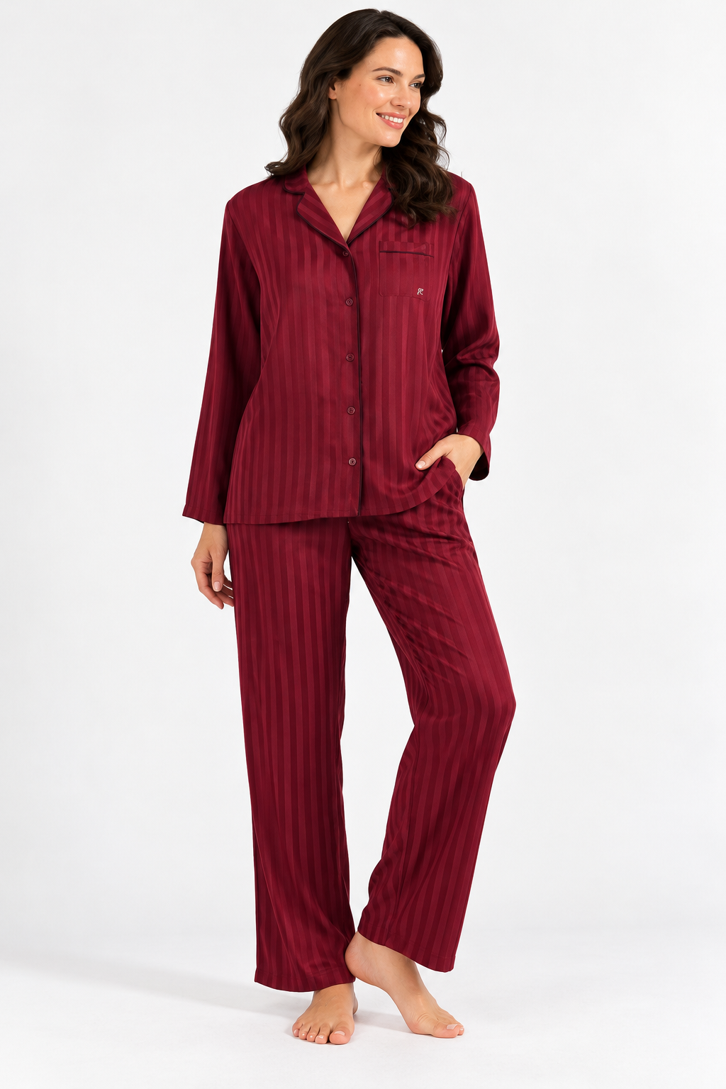 Pierre Cardin Çizgili Pamuk Saten Uzun Kollu Kadın Pijama Takımı - 7