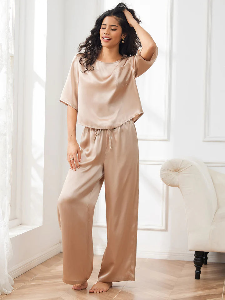 Pure Silk Kadın Yarım Kollu Bisiklet Yaka Pijama Takımı - 1