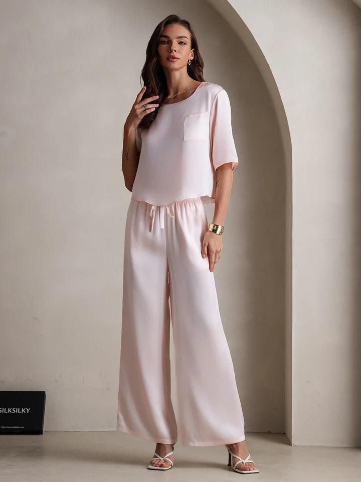 Pure Silk Kadın Yarım Kollu Bisiklet Yaka Pijama Takımı - 6