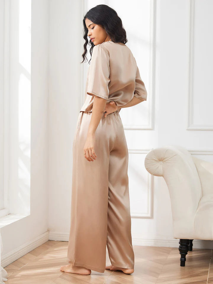 Pure Silk Kadın Yarım Kollu Bisiklet Yaka Pijama Takımı - 4