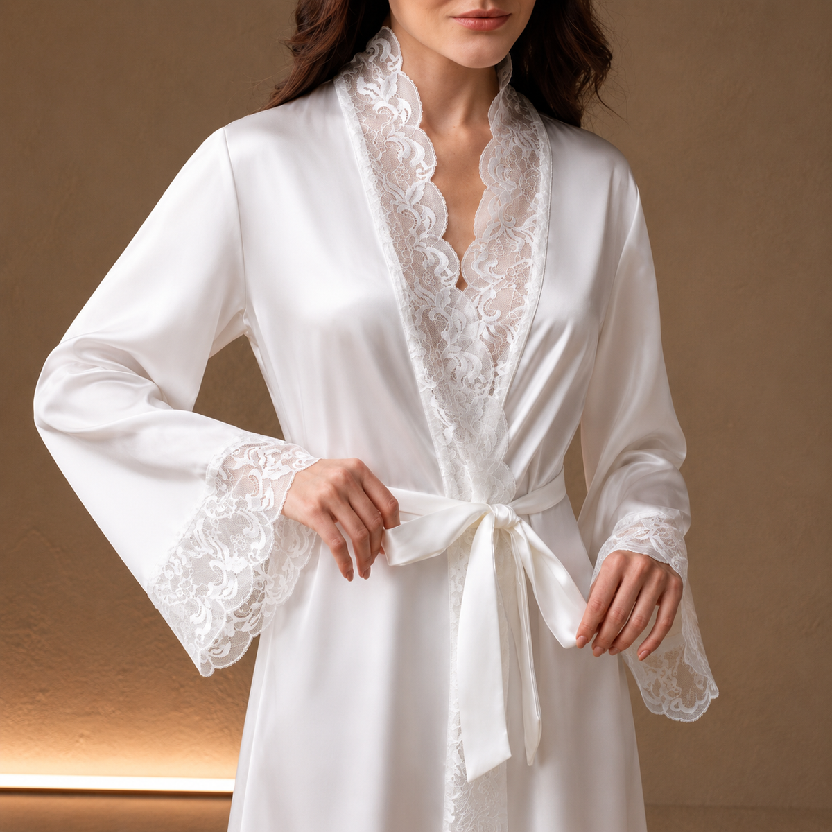 Saten Kruvaze Yaka Dantel Detaylı Uzun Kadın Sabahlık | S-2XL - 2