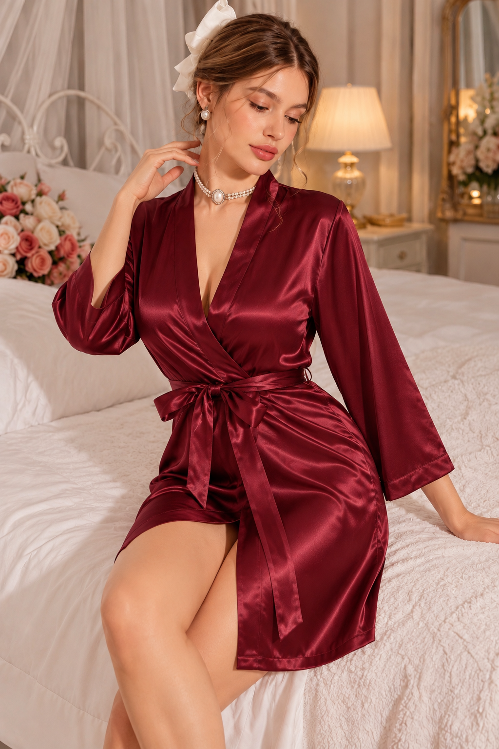 Marpiella Premium Saten Kuşaklı Kısa Sabahlık - 4
