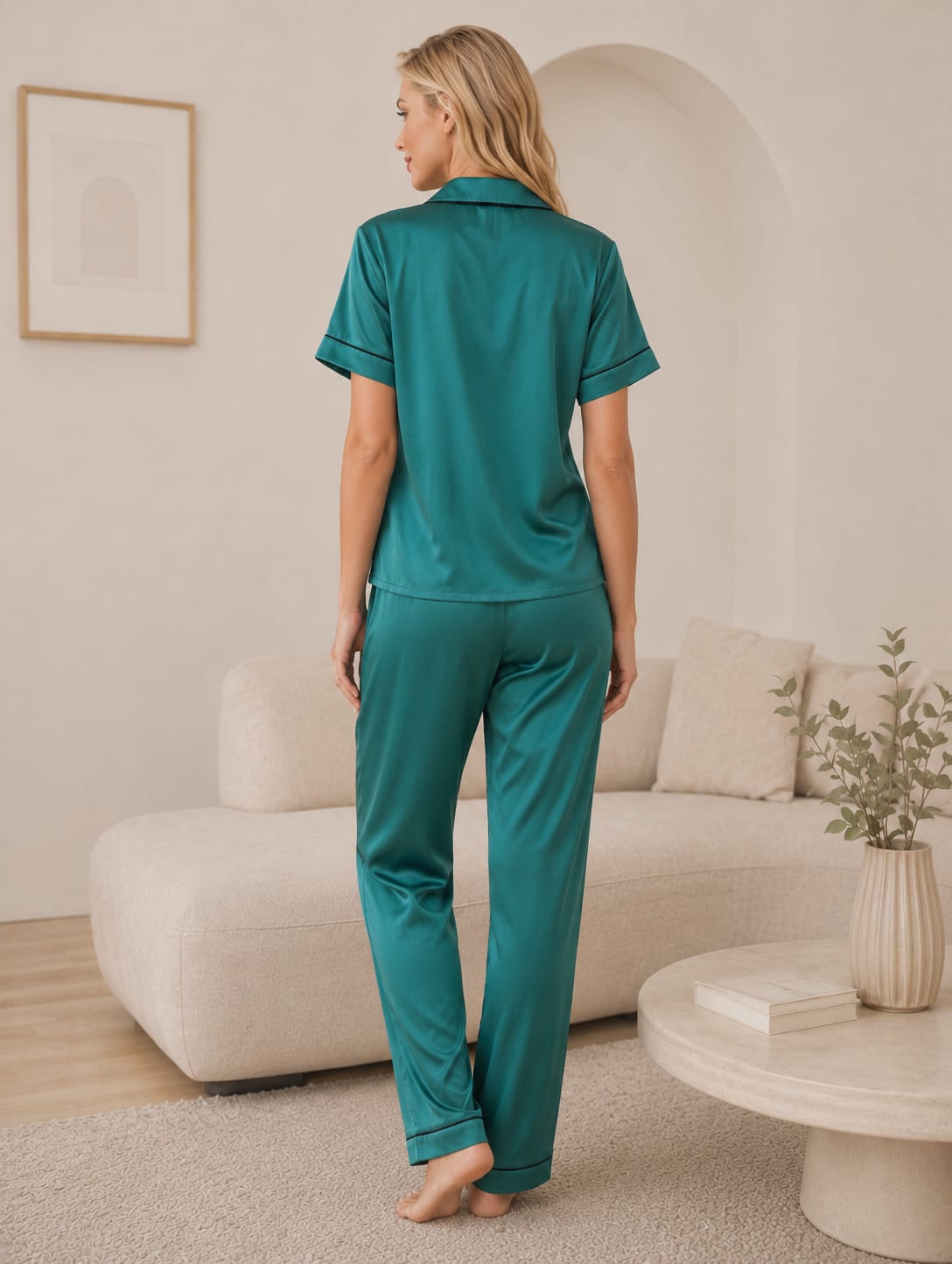Saten Önden Düğme ve Biye Detaylı Pijama Takımı - 5
