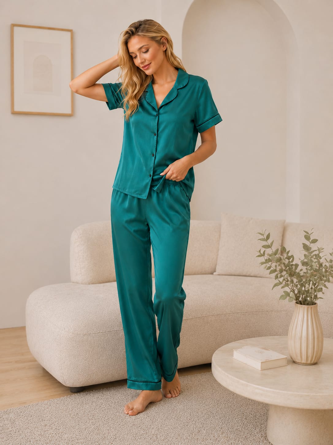 Saten Önden Düğme ve Biye Detaylı Pijama Takımı - 4