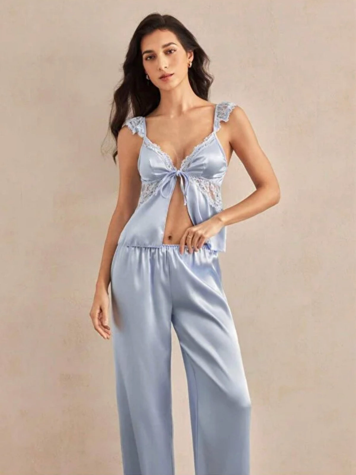 Saten Fransız Dantel Detaylı Askılı 2'li Pijama Takımı - 3