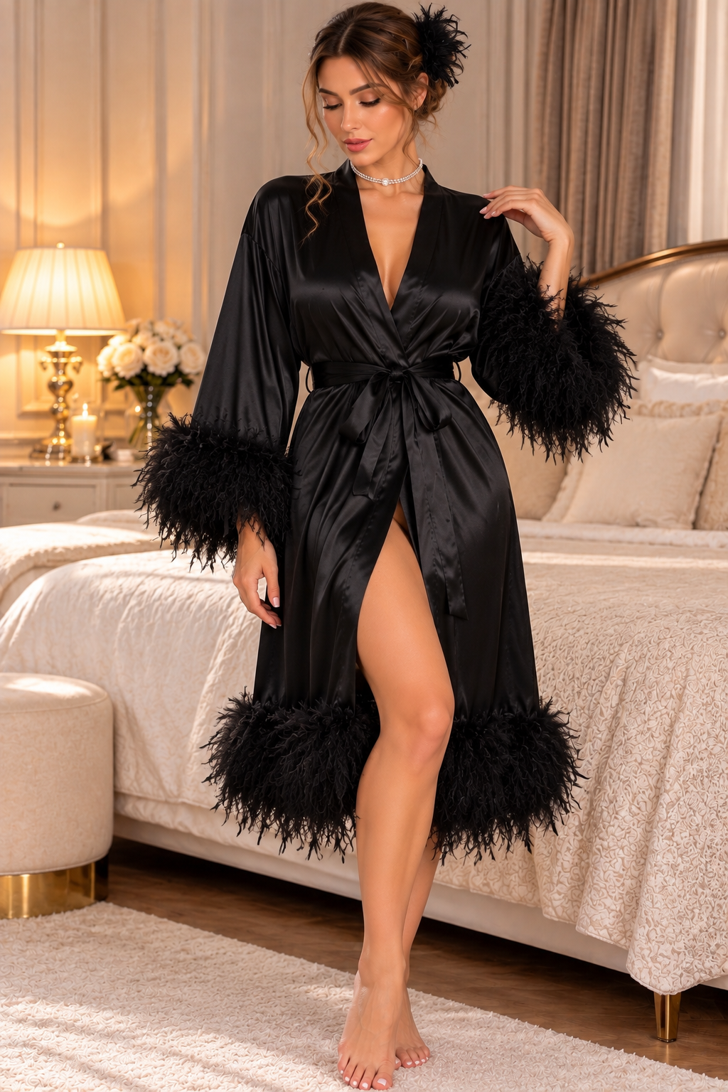 Marpiella Premium Tüy Detaylı Saten Kuşaklı Gelin Sabahlığı - 6