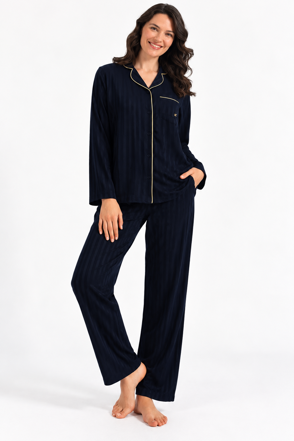 Pierre Cardin Çizgili Pamuk Saten Uzun Kollu Kadın Pijama Takımı - 4