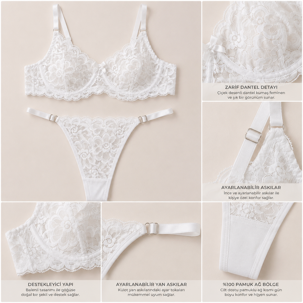 Beyaz Dantel Tanga Bralet Takım - 2