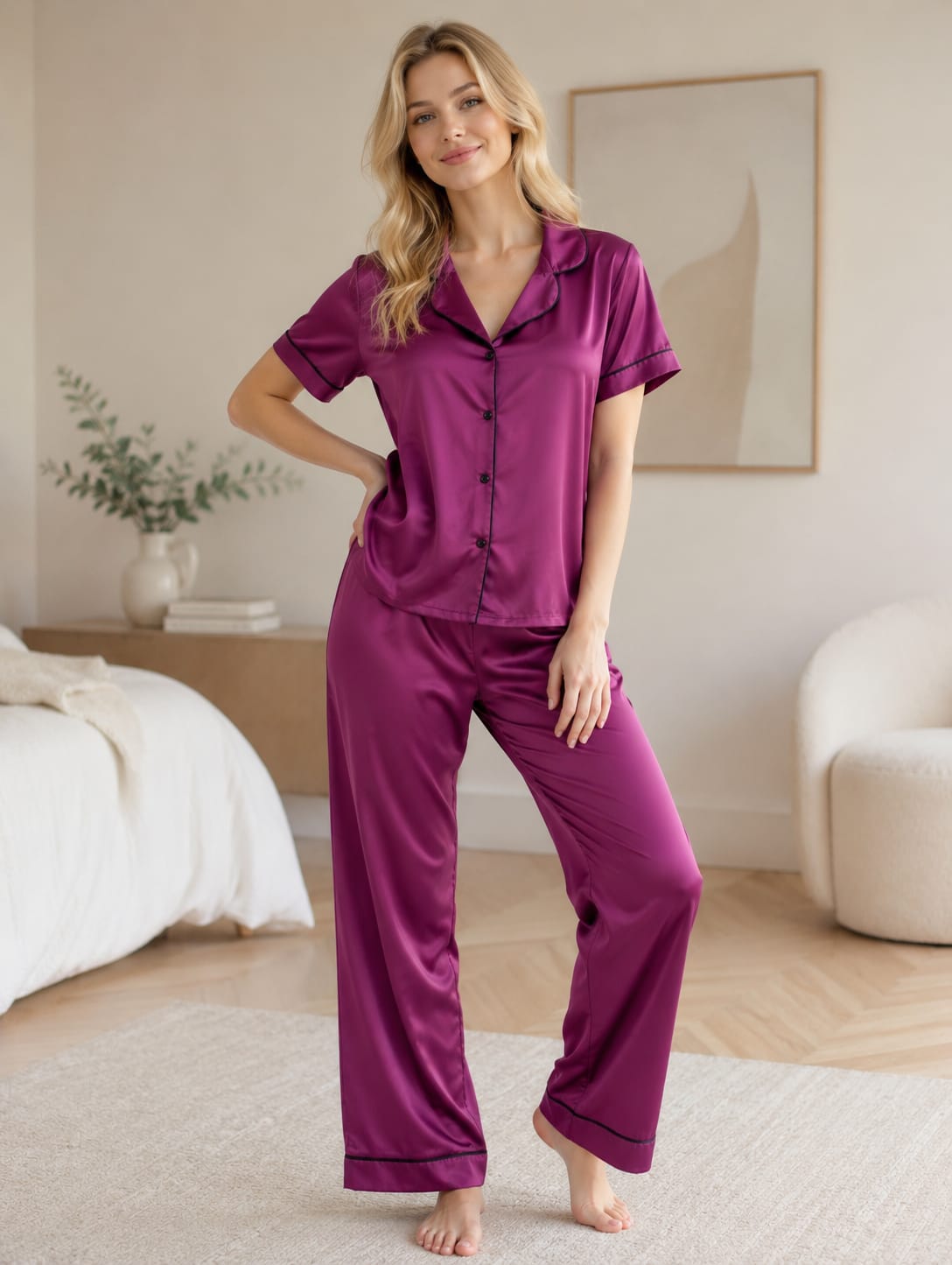 Saten Önden Düğme ve Biye Detaylı Pijama Takımı - 8