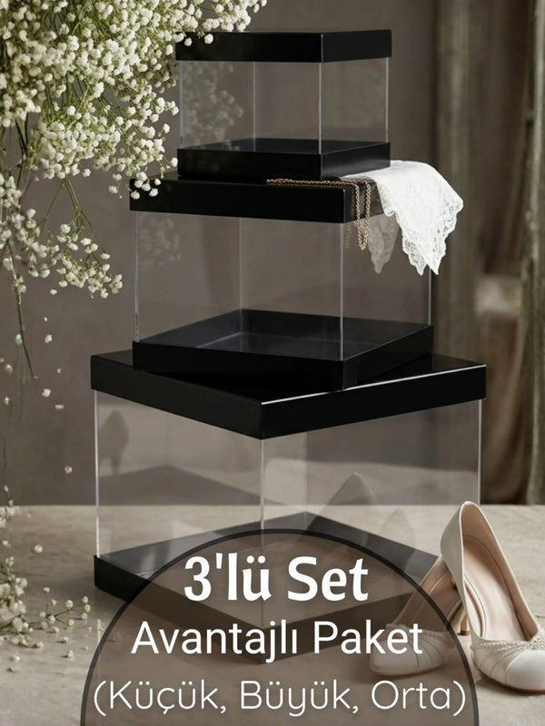 3'Lü Set Asetat Çeyiz Kutusu Siyah