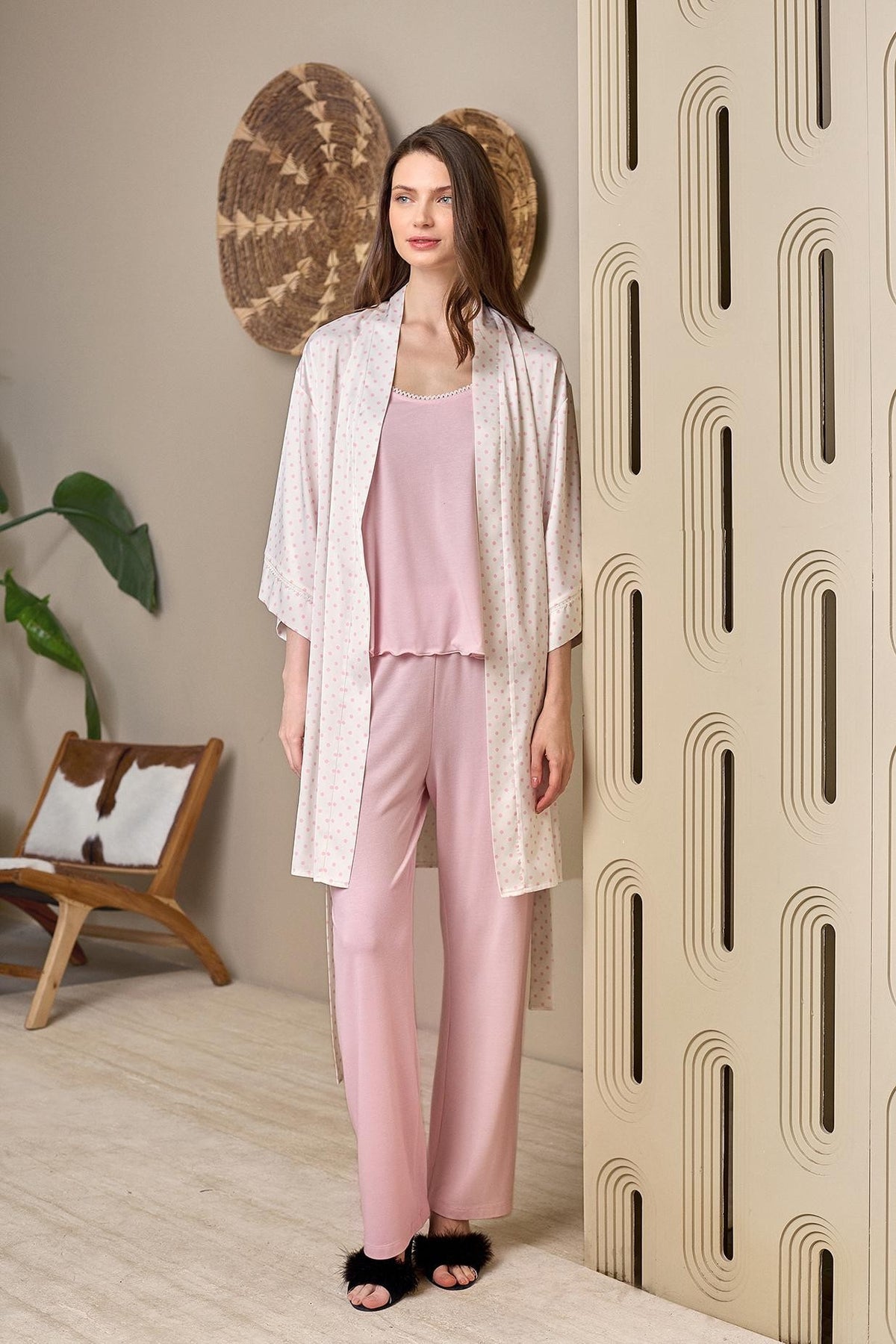 OYSOFT Elena Pembe Puantiyeli 3'lü Pijama Takımı - 5