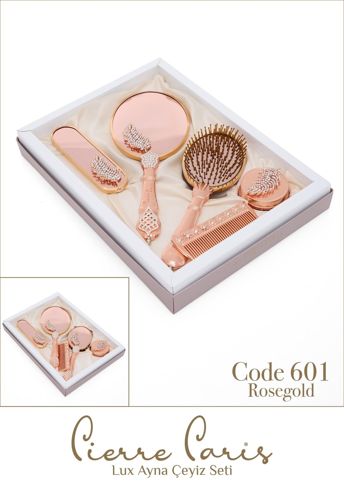 Marpiella Pierre Paris Rose Gold Lux Ayna Çeyiz Seti | Yaprak Motifli 5'li Set - 1